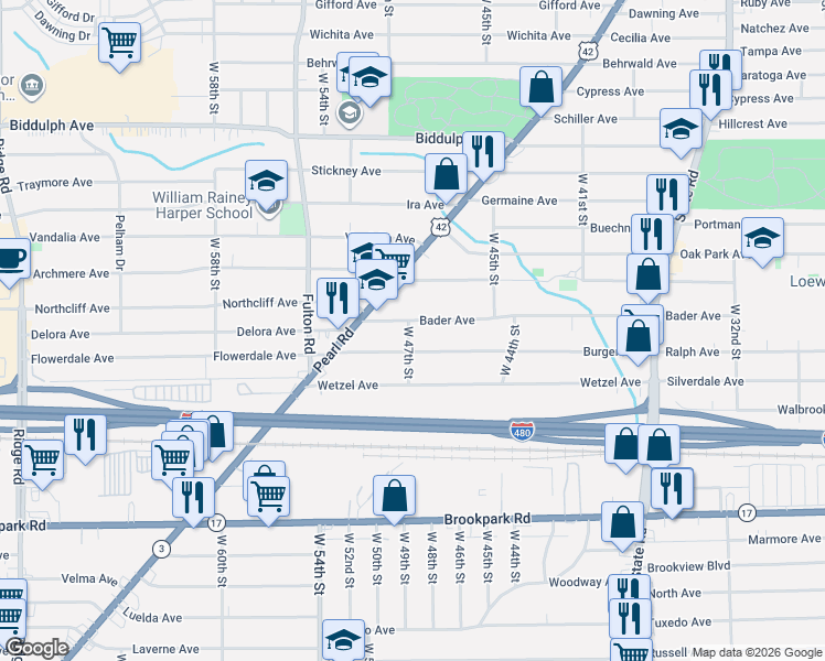 map of restaurants, bars, coffee shops, grocery stores, and more near 4616 Burger Avenue in Cleveland