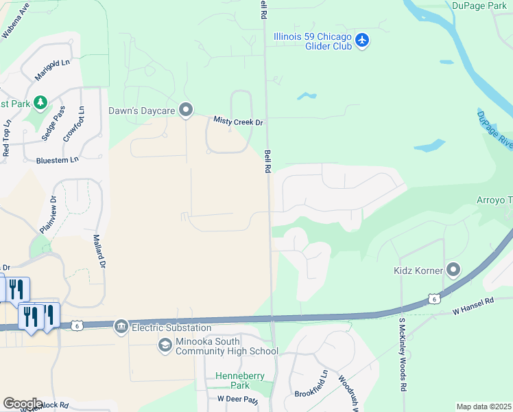 map of restaurants, bars, coffee shops, grocery stores, and more near 26335 West Ravine Woods Drive in Channahon