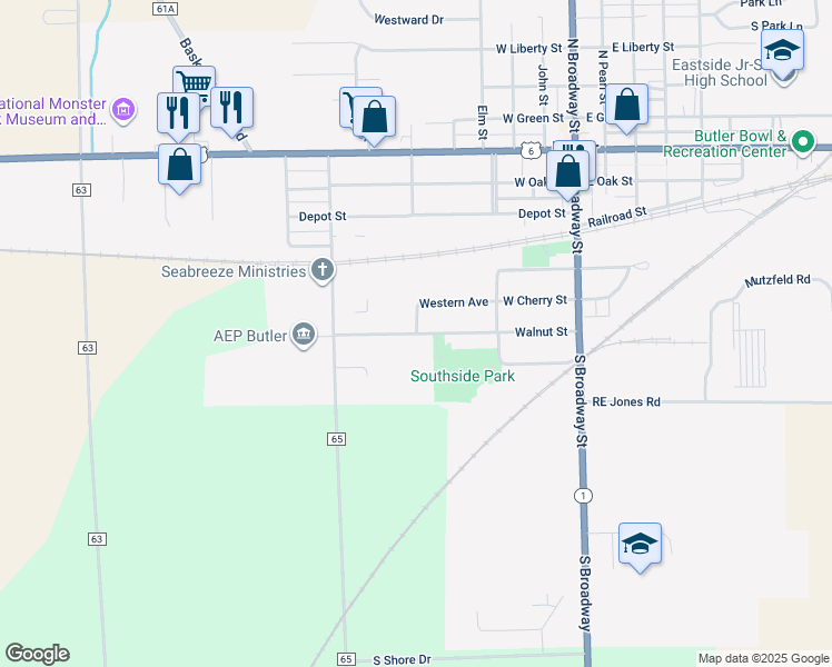 map of restaurants, bars, coffee shops, grocery stores, and more near 300 Walnut Street in Butler