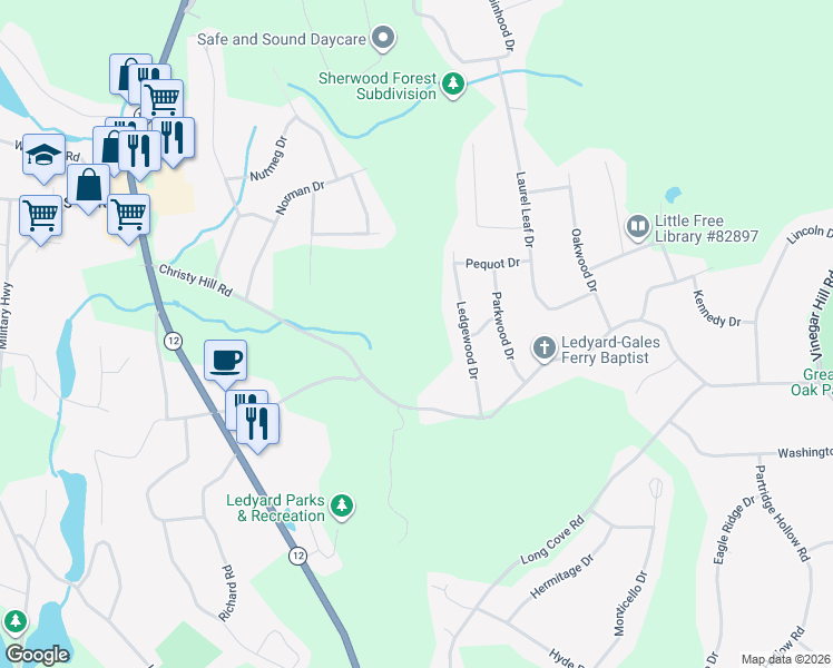 map of restaurants, bars, coffee shops, grocery stores, and more near 80 Christy Hill Road in Ledyard