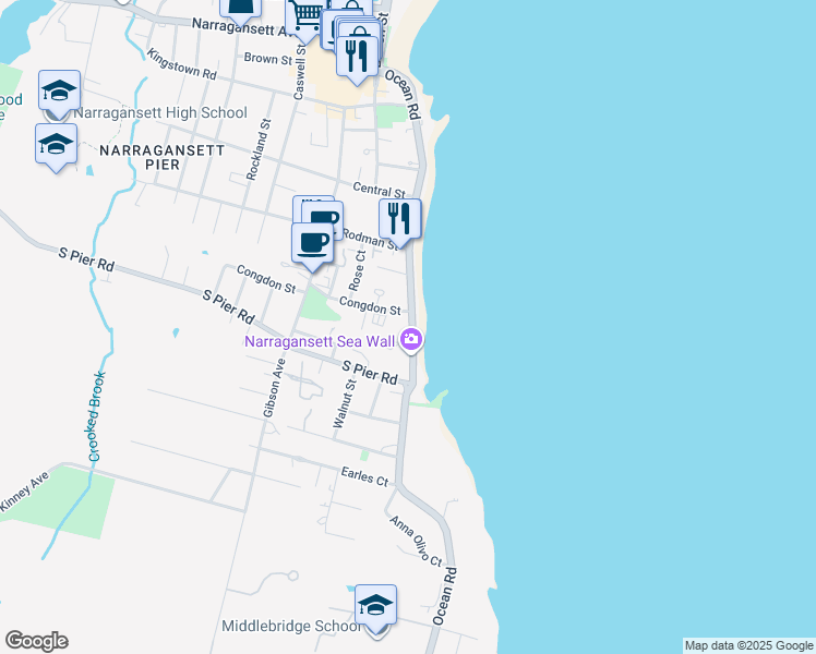 map of restaurants, bars, coffee shops, grocery stores, and more near 161 Ocean Road in Narragansett