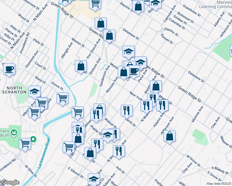 map of restaurants, bars, coffee shops, grocery stores, and more near 1321 Capouse Avenue in Scranton