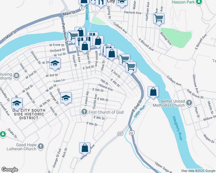 map of restaurants, bars, coffee shops, grocery stores, and more near 116 East 5th Street in Oil City