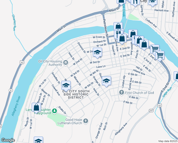 map of restaurants, bars, coffee shops, grocery stores, and more near 208 W 4th St in Oil City