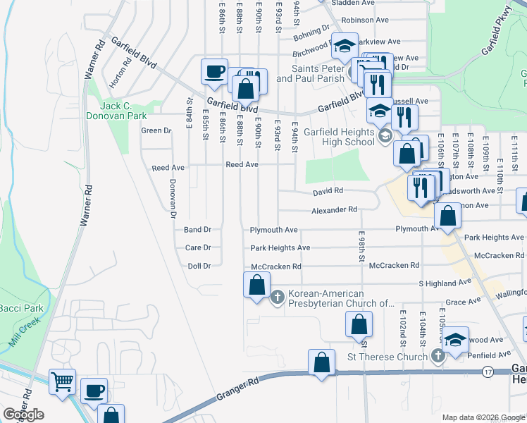 map of restaurants, bars, coffee shops, grocery stores, and more near 4991 East 90th Street in Garfield Heights