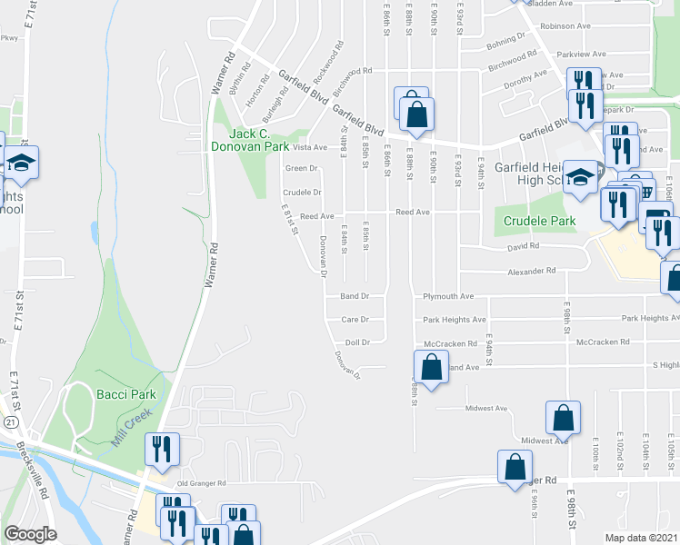 map of restaurants, bars, coffee shops, grocery stores, and more near 4972 East 84th Street in Garfield Heights