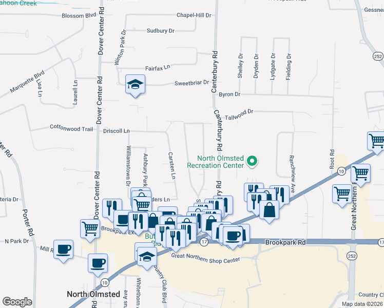 map of restaurants, bars, coffee shops, grocery stores, and more near 4495 Silverdale Road in North Olmsted