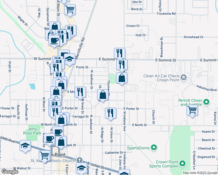 map of restaurants, bars, coffee shops, grocery stores, and more near 702 East Monitor Street in Crown Point