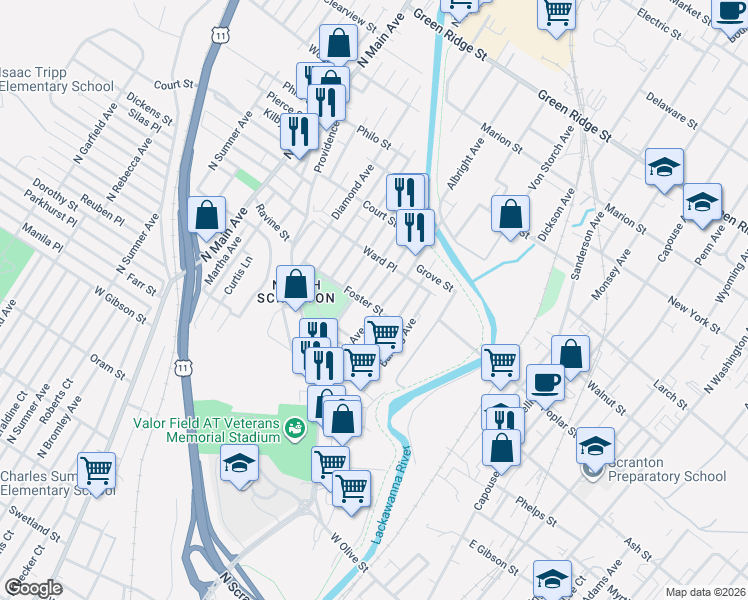 map of restaurants, bars, coffee shops, grocery stores, and more near 1025 Albright Avenue in Scranton