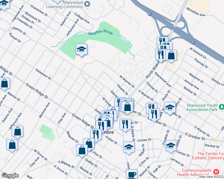 map of restaurants, bars, coffee shops, grocery stores, and more near 1946 Electric Street in Dunmore