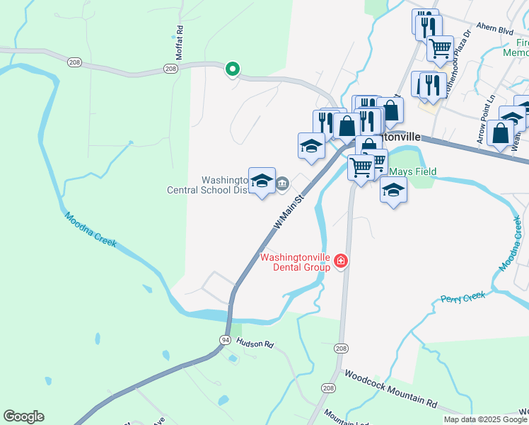 map of restaurants, bars, coffee shops, grocery stores, and more near 54 West Main Street in Washingtonville