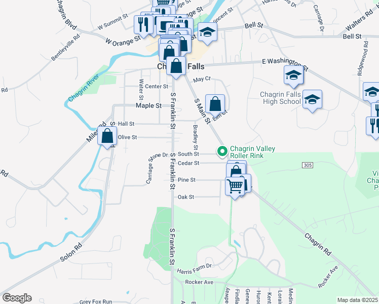 map of restaurants, bars, coffee shops, grocery stores, and more near 35 South Street in Chagrin Falls