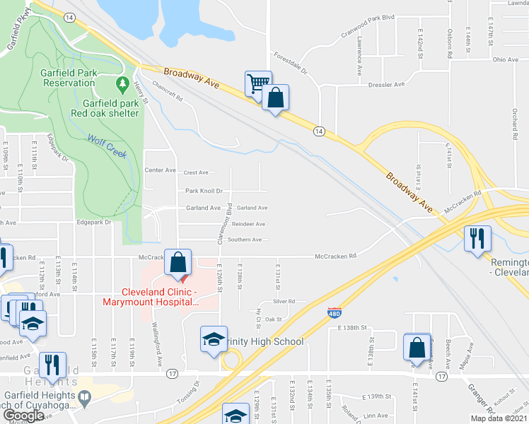 map of restaurants, bars, coffee shops, grocery stores, and more near 12916 Garland Ave in Cleveland