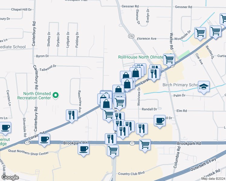 map of restaurants, bars, coffee shops, grocery stores, and more near 25180-25248 Lorain Rd in North Olmsted