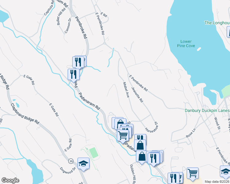 map of restaurants, bars, coffee shops, grocery stores, and more near 19 Clayton Road in Danbury