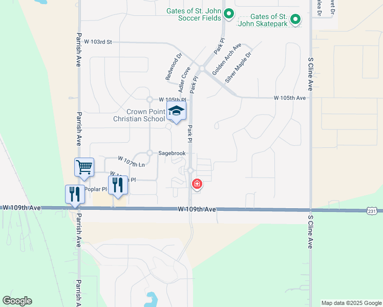 map of restaurants, bars, coffee shops, grocery stores, and more near 17001 Park Place in Saint John