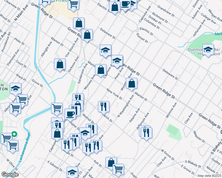 map of restaurants, bars, coffee shops, grocery stores, and more near 318 New York Street in Scranton