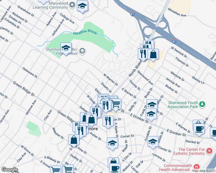 map of restaurants, bars, coffee shops, grocery stores, and more near 123 Swartz Street in Dunmore