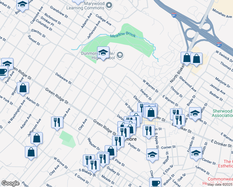map of restaurants, bars, coffee shops, grocery stores, and more near 1720 North Webster Avenue in Dunmore
