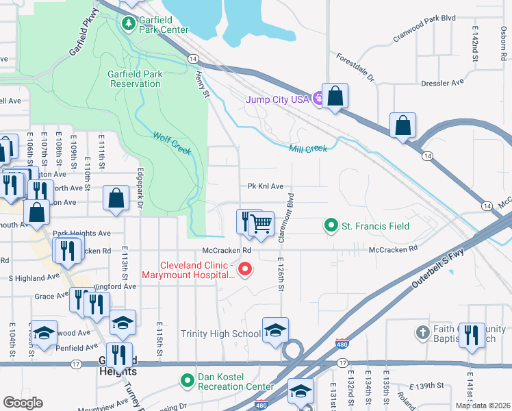 map of restaurants, bars, coffee shops, grocery stores, and more near 12401 Reindeer Avenue in Garfield Heights