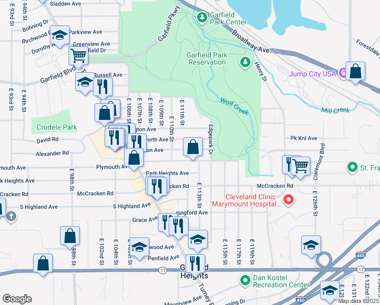 map of restaurants, bars, coffee shops, grocery stores, and more near 11206 Plymouth Avenue in Garfield Heights