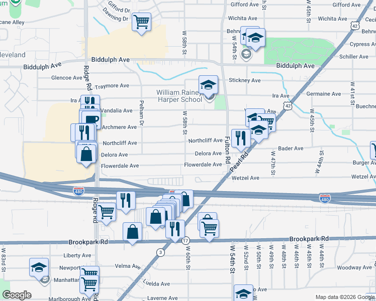 map of restaurants, bars, coffee shops, grocery stores, and more near 5701 Delora Avenue in Cleveland