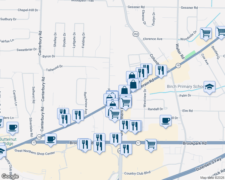 map of restaurants, bars, coffee shops, grocery stores, and more near 25450 Lorain Road in North Olmsted