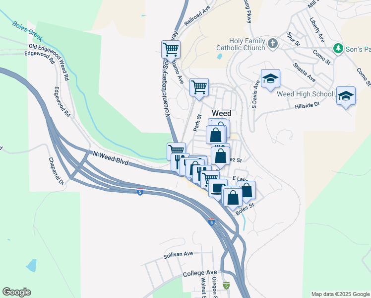map of restaurants, bars, coffee shops, grocery stores, and more near in Weed