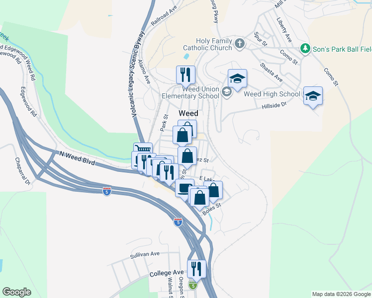 map of restaurants, bars, coffee shops, grocery stores, and more near 186 W Inez St in Weed