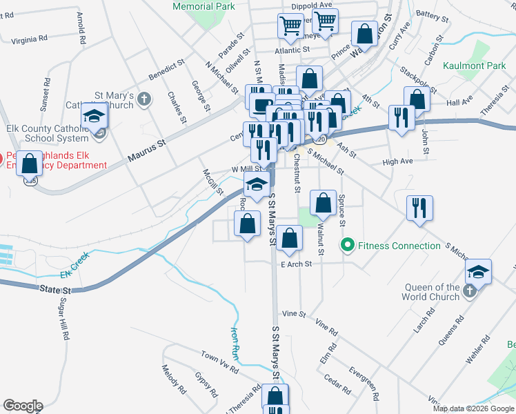 map of restaurants, bars, coffee shops, grocery stores, and more near 370 South Saint Marys Street in Saint Marys
