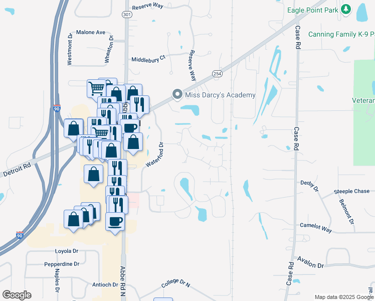 map of restaurants, bars, coffee shops, grocery stores, and more near 5409 Waterford Circle in Elyria