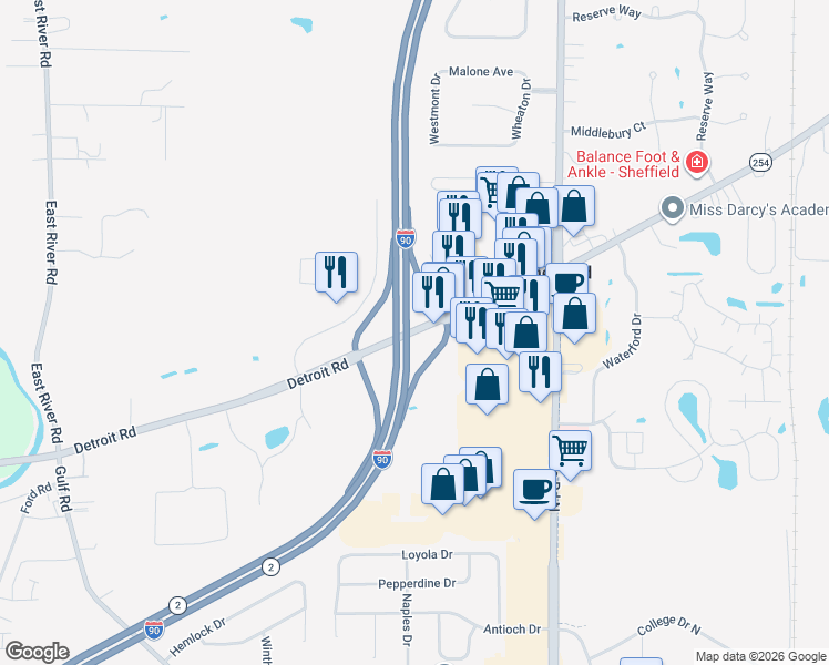 map of restaurants, bars, coffee shops, grocery stores, and more near Detroit Road in Sheffield