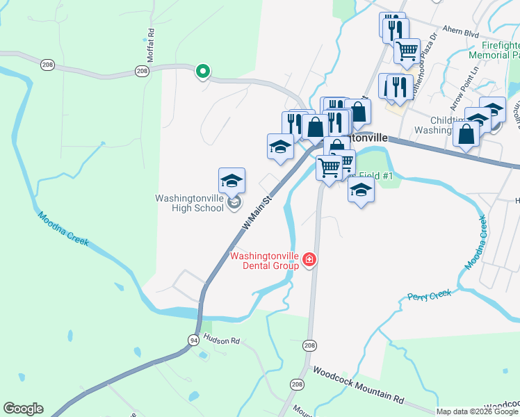 map of restaurants, bars, coffee shops, grocery stores, and more near West Main Street in Washingtonville
