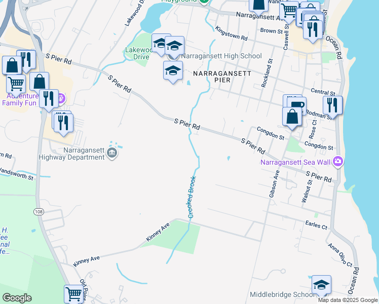 map of restaurants, bars, coffee shops, grocery stores, and more near 178A South Pier Road in Narragansett