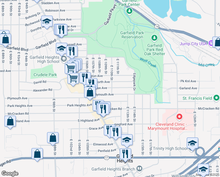 map of restaurants, bars, coffee shops, grocery stores, and more near 11008 Plymouth Avenue in Garfield Heights