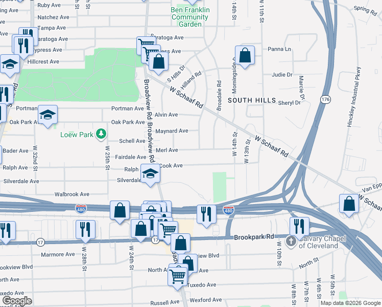 map of restaurants, bars, coffee shops, grocery stores, and more near 1802 Cook Avenue in Cleveland