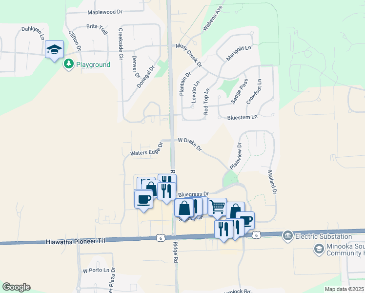 map of restaurants, bars, coffee shops, grocery stores, and more near 27725 West Drake Drive in Channahon