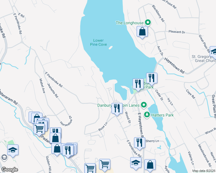map of restaurants, bars, coffee shops, grocery stores, and more near 9 Reynolds Road in Danbury