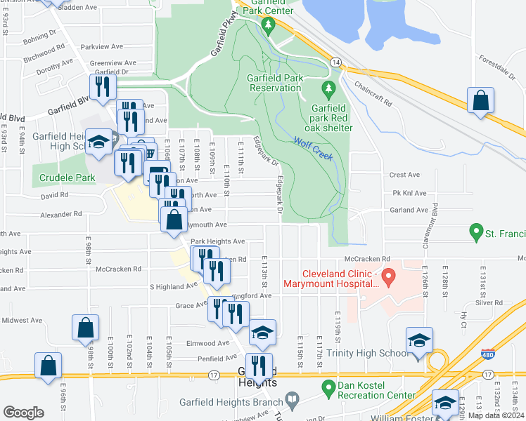map of restaurants, bars, coffee shops, grocery stores, and more near 11121 Vernon Avenue in Garfield Heights