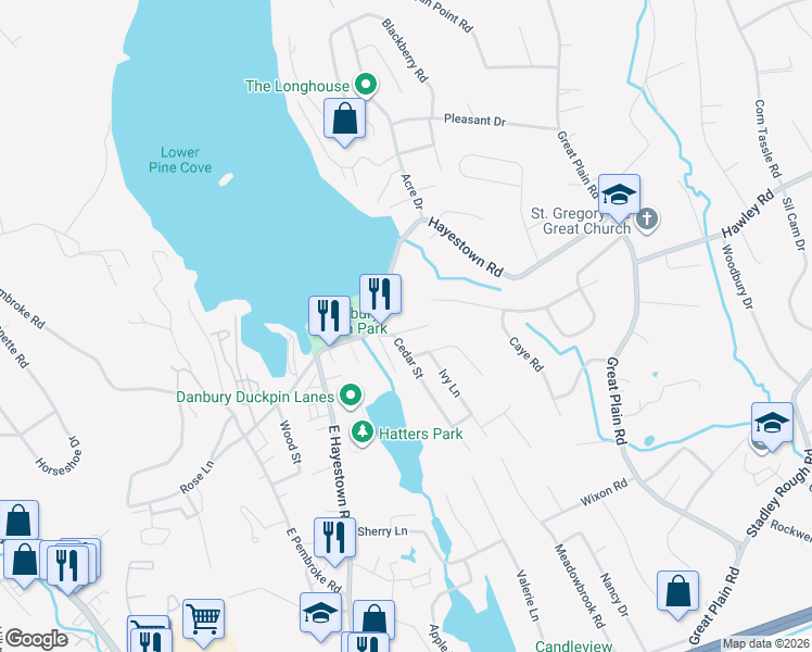 map of restaurants, bars, coffee shops, grocery stores, and more near 3 Cedar Street in Danbury