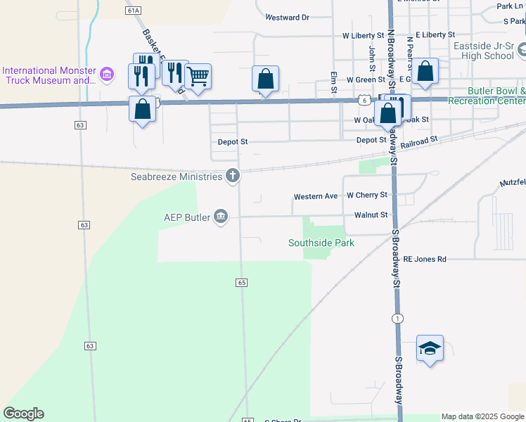 map of restaurants, bars, coffee shops, grocery stores, and more near 300-398 Walnut Street in Butler