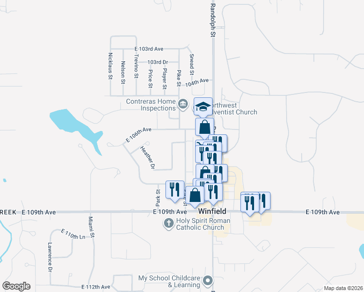 map of restaurants, bars, coffee shops, grocery stores, and more near 10726 Pike Street in Crown Point