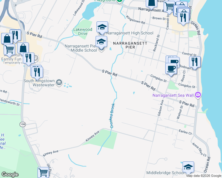 map of restaurants, bars, coffee shops, grocery stores, and more near 178A South Pier Road in Narragansett