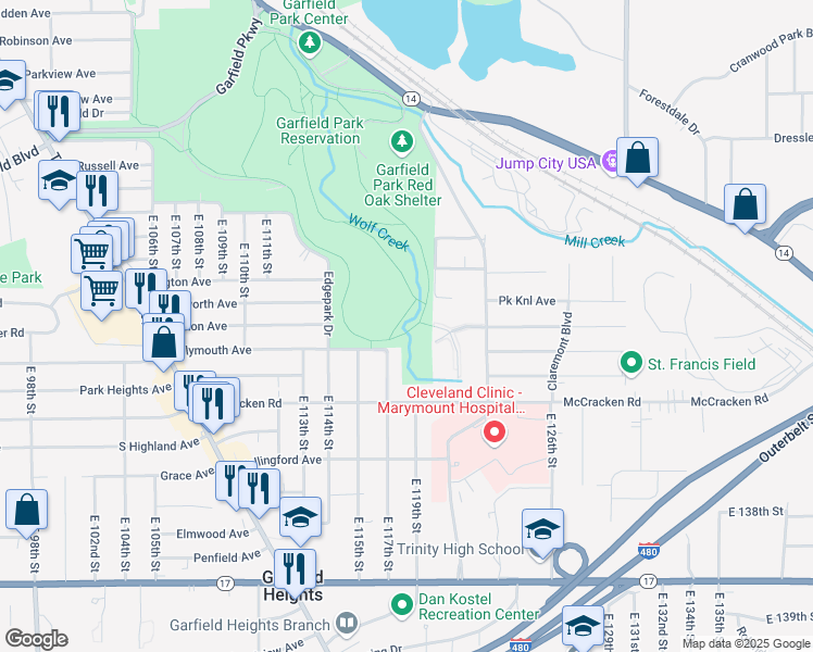 map of restaurants, bars, coffee shops, grocery stores, and more near 4942 Edgepark Drive in Garfield Heights