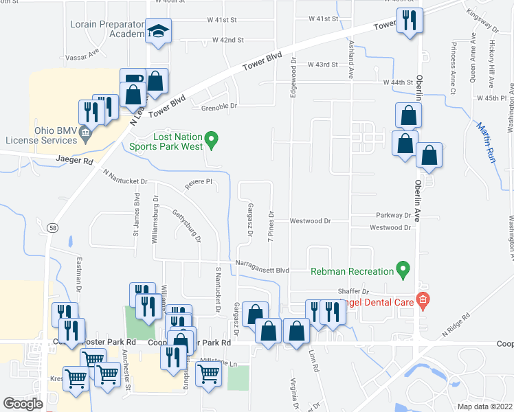 map of restaurants, bars, coffee shops, grocery stores, and more near 5203 Gargasz Drive in Lorain