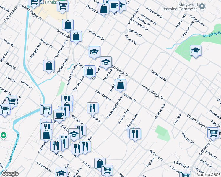 map of restaurants, bars, coffee shops, grocery stores, and more near 1433 Wyoming Avenue in Scranton