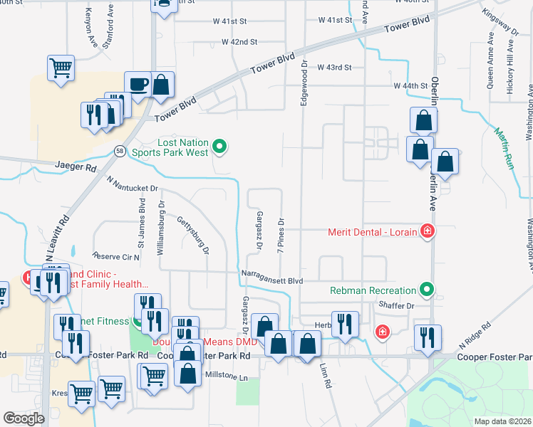 map of restaurants, bars, coffee shops, grocery stores, and more near 5215 Gargasz Drive in Lorain