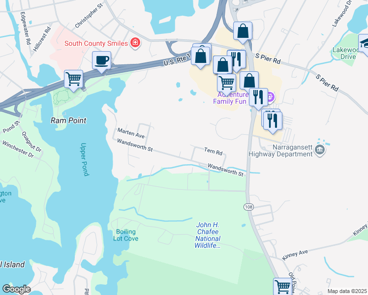 map of restaurants, bars, coffee shops, grocery stores, and more near 359 Wandsworth Street in Narragansett