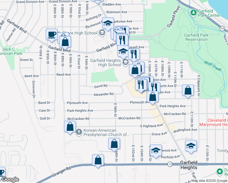 map of restaurants, bars, coffee shops, grocery stores, and more near 9727 Plymouth Avenue in Garfield Heights
