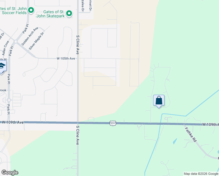 map of restaurants, bars, coffee shops, grocery stores, and more near 10623 Cline Avenue in Crown Point